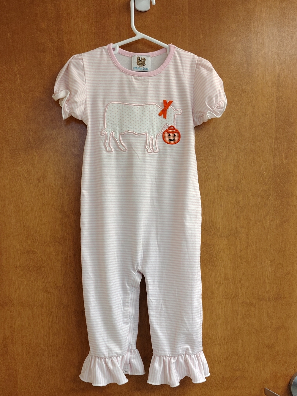 Little Bear Smocks Soft Pink Striped One-Piece Romper with Cow Applique
